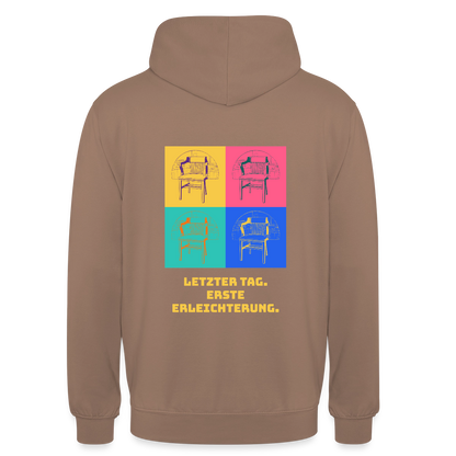"Letzter Tag. Erste Erleichterung. Popart-Motiv" Motiv-Hoodie unisex, Farbe Mokka