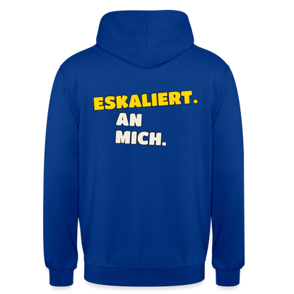 "Eskaliert. An mich." Motiv-Hoodie unisex, Farbe Royalblau