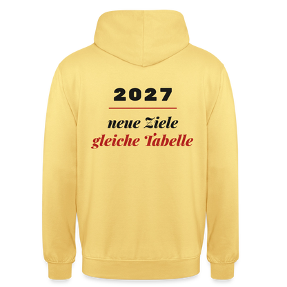 "2027: neue Ziele, gleiche Tabelle" Motiv-Hoodie unisex, Farbe Zitronengelb