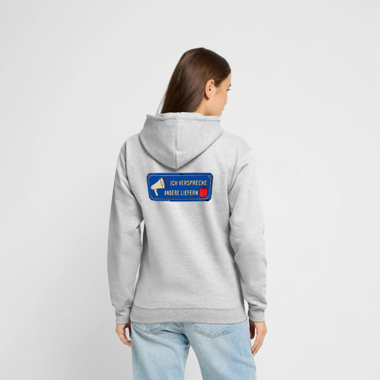 Ich verspreche. Andere liefern. Motiv-Hoodie unisex, Farbe Hellgrau meliert, Model