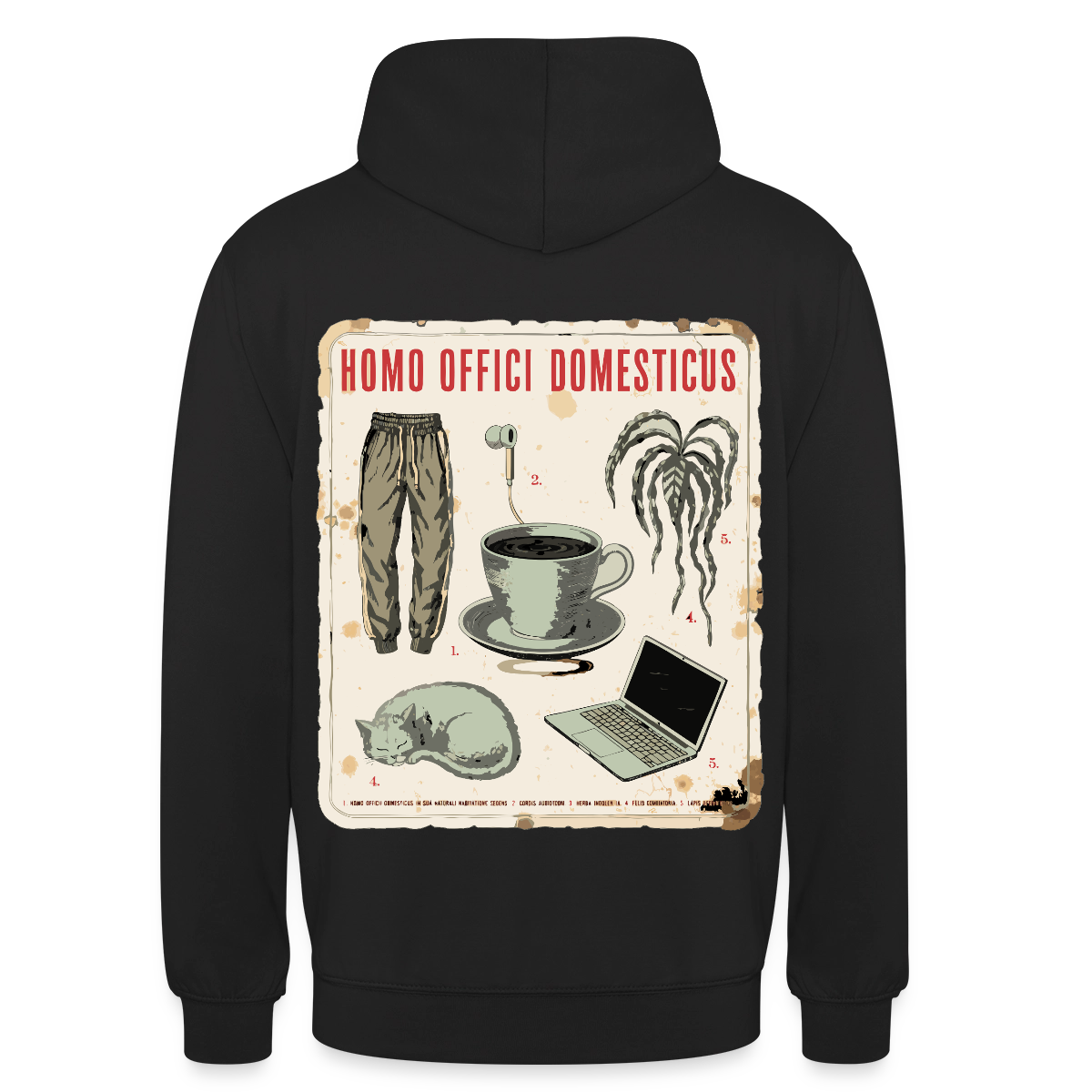 Homo Offici Domesticus Motiv-Hoodie unisex, Farbe Schwarz, Model