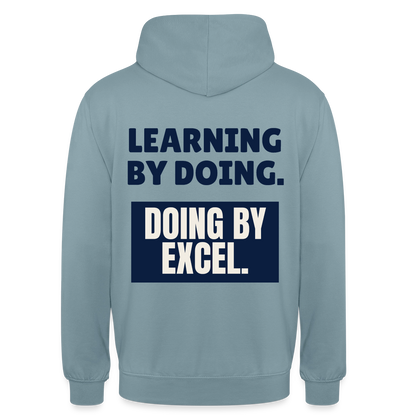 "Learning by doing. Doing by Excel." Motiv-Hoodie unisex, Farbe Nebelblau