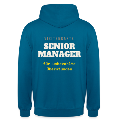 "Senior Manager für unbezahlte Überstunden" Motiv-Hoodie unisex, Farbe Tiefseeblau