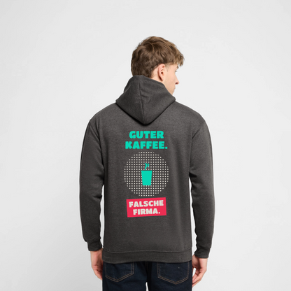 Guter Kaffee. Falsche Firma. Motiv-Hoodie unisex, Farbe Anthrazit, Model