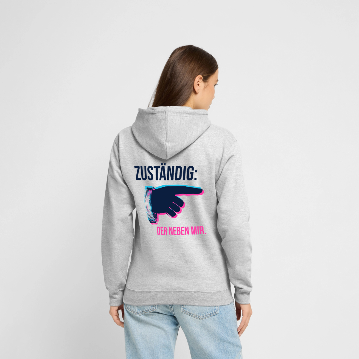 "Zuständig: der neben mir. Glitch-Motiv" Motiv-Hoodie unisex, Farbe Hellgrau meliert
