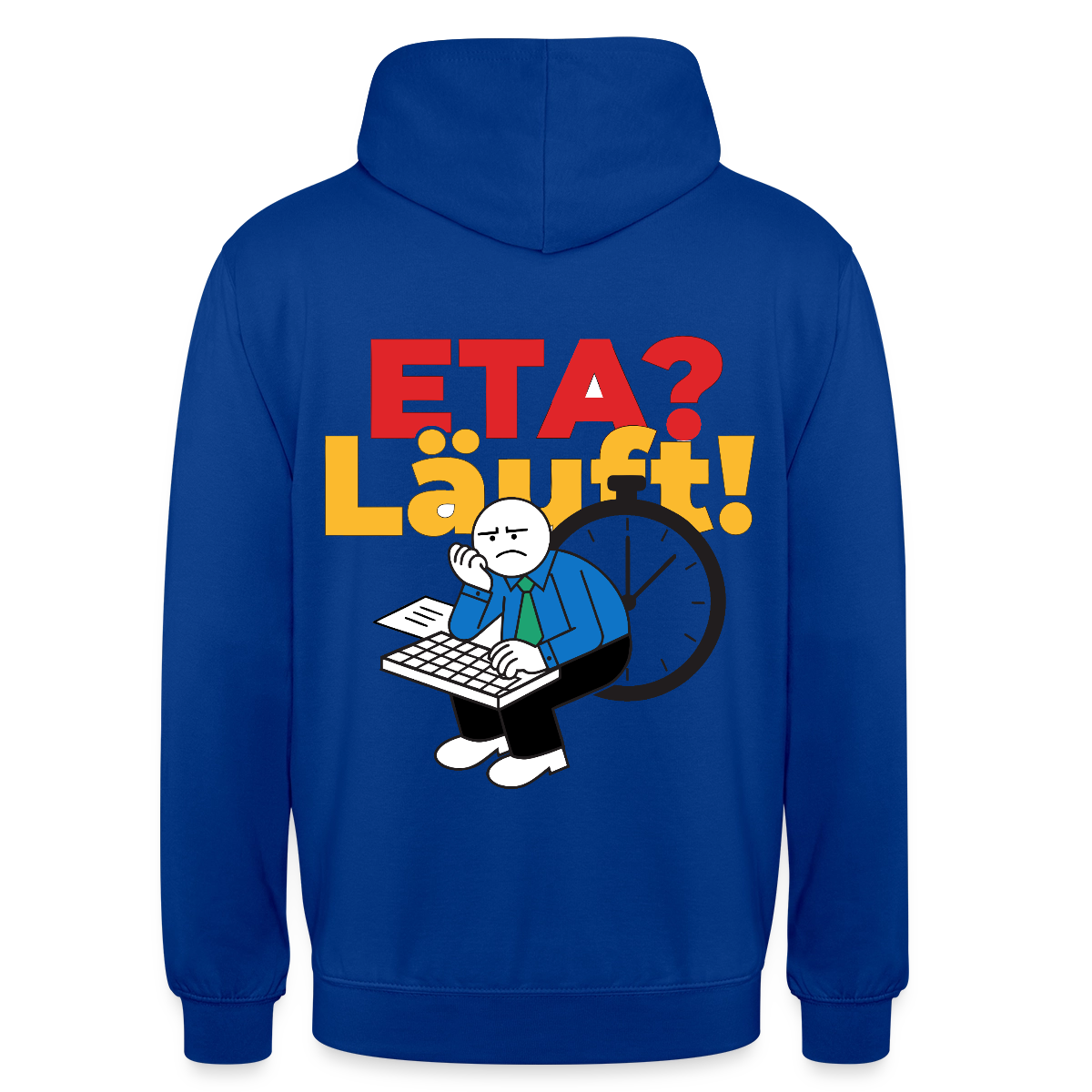 "ETA? Läuft! Strichfiguren-Motiv" Motiv-Hoodie unisex, Farbe Royalblau