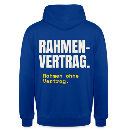 "Rahmenvertrag. Rahmen ohne Vertrag." Motiv-Hoodie unisex, Farbe Royalblau
