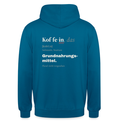 "Koffein, das: Grundnahrungsmittel." Motiv-Hoodie unisex, Farbe Tiefseeblau