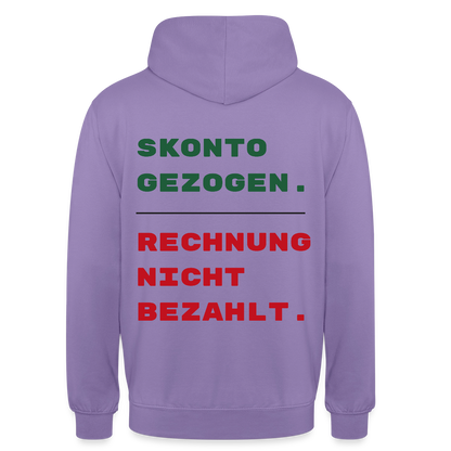 "Skonto gezogen. Rechnung nicht bezahlt." Motiv-Hoodie unisex, Farbe Lavendel
