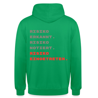 Risiko erkannt. Risiko notiert. Risiko eingetreten. Motiv-Hoodie unisex, Farbe Kelly Green