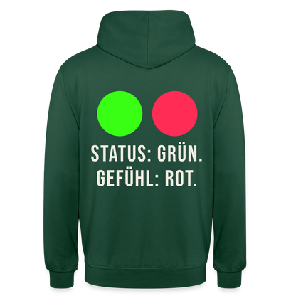 Status: grün. Gefühl: rot. Motiv-Hoodie unisex, Farbe Flaschengrün