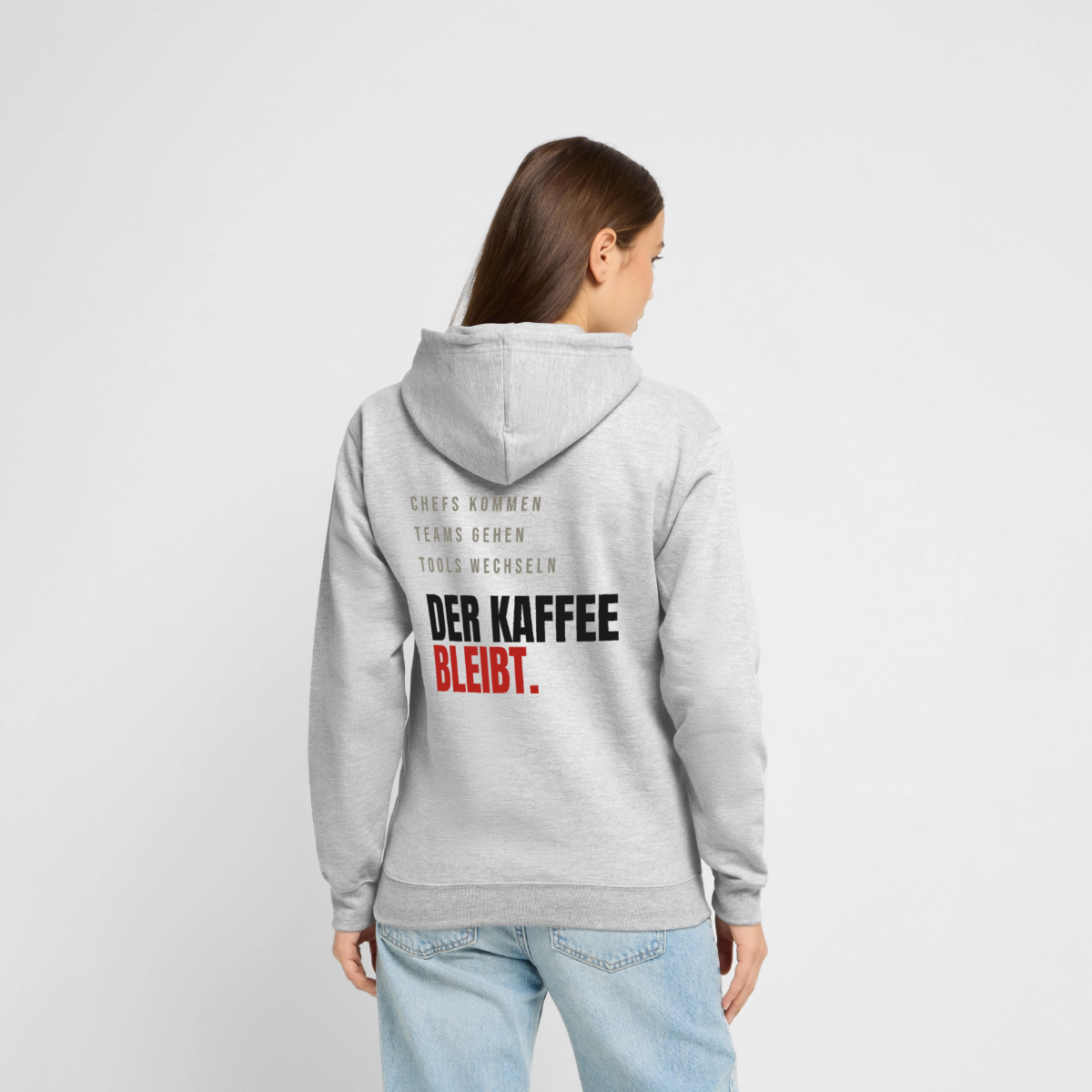 "Chefs kommen, Teams gehen, Tools wechseln. Der Kaffee bleibt." Motiv-Hoodie unisex, Farbe Hellgrau meliert