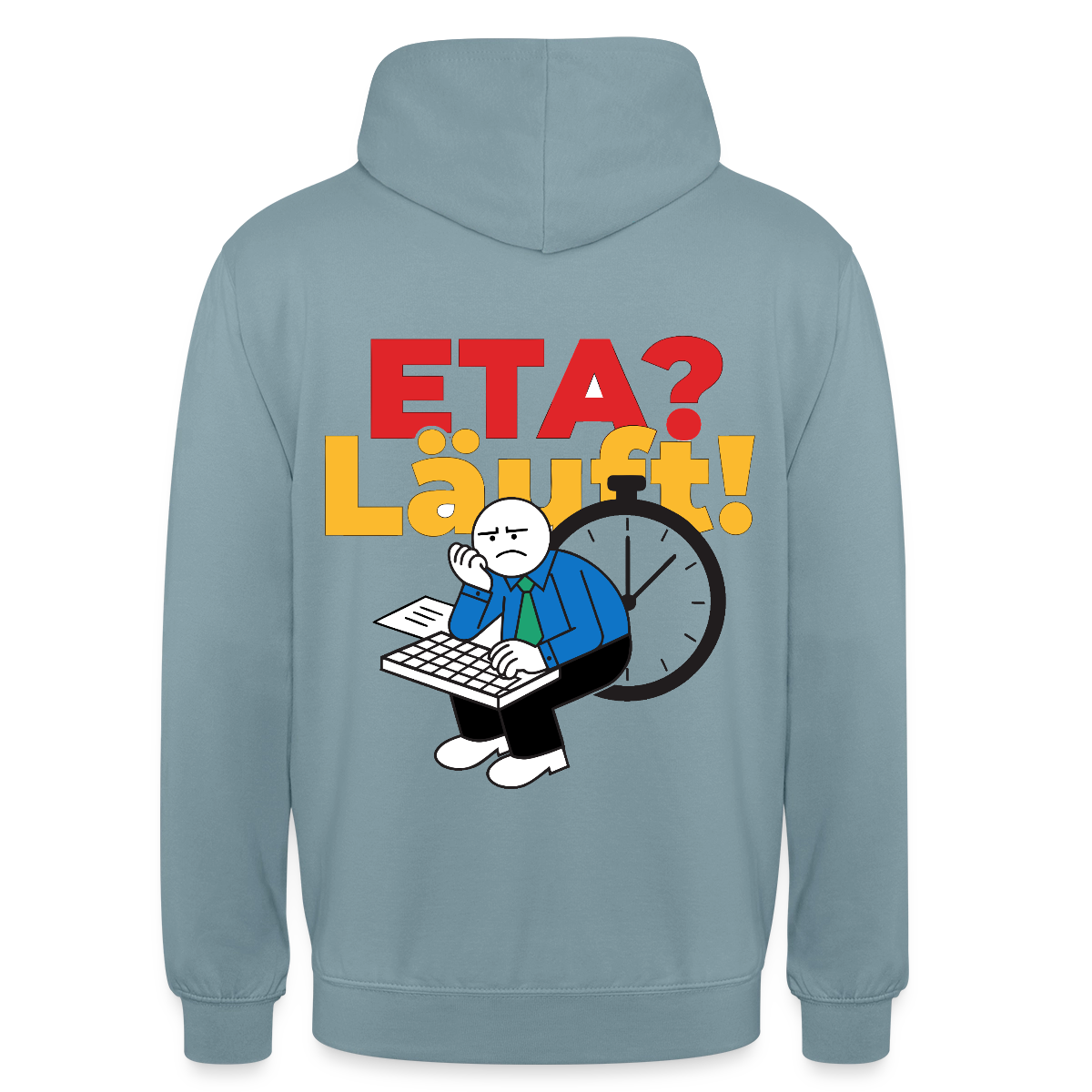 "ETA? Läuft! Strichfiguren-Motiv" Motiv-Hoodie unisex, Farbe Nebelblau