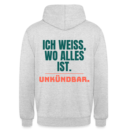 Ich weiß, wo alles ist. Unkündbar. Motiv-Hoodie unisex, Farbe Hellgrau meliert