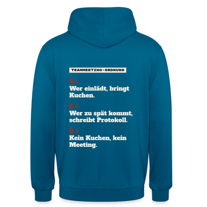 "Teammeeting-Ordnung: wer einlädt, bringt Kuchen." Motiv-Hoodie unisex, Farbe Tiefseeblau