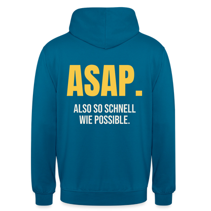 "ASAP. Also so schnell wie possible." Motiv-Hoodie unisex, Farbe Tiefseeblau