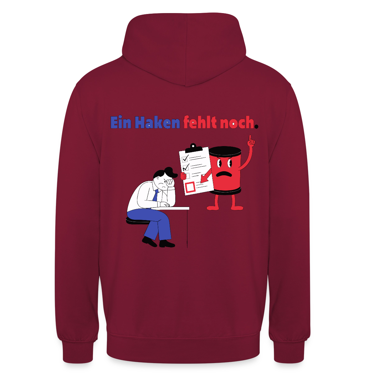 "Ein Haken fehlt noch. Comic-Motiv" Motiv-Hoodie unisex, Farbe Bordeaux