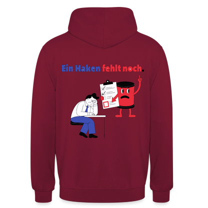 "Ein Haken fehlt noch. Comic-Motiv" Motiv-Hoodie unisex, Farbe Bordeaux