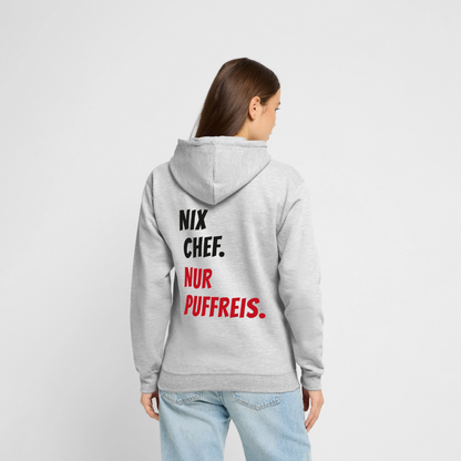 "Nix Chef. Nur Puffreis." Motiv-Hoodie unisex, Farbe Hellgrau meliert