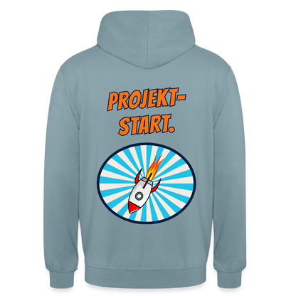 Projektstart. Motiv-Hoodie unisex, Farbe Nebelblau