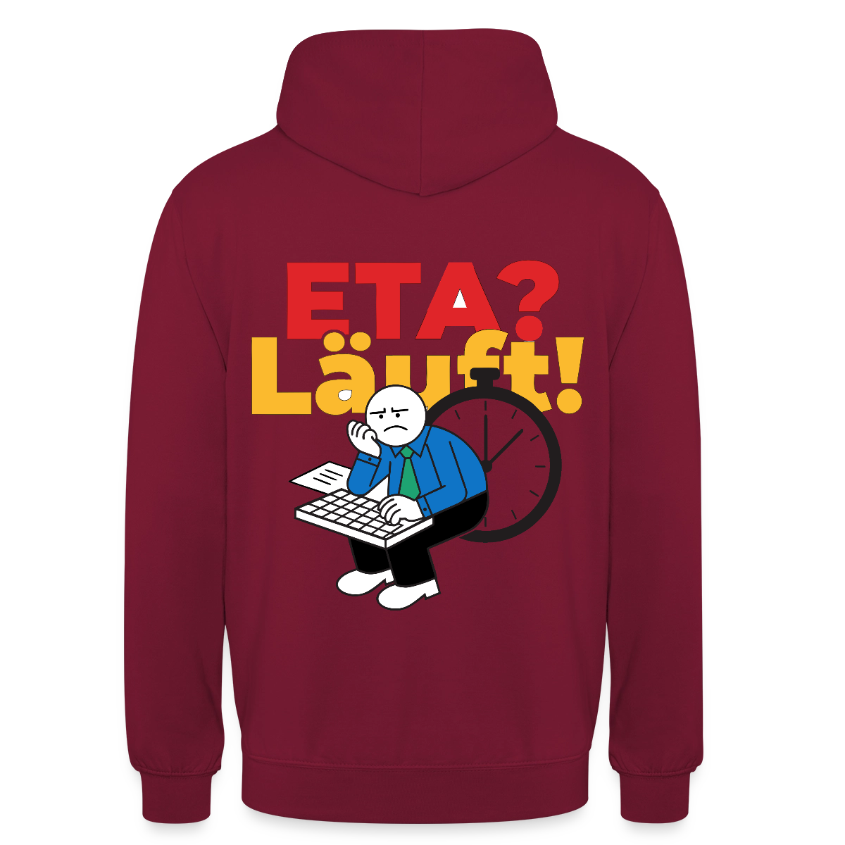 "ETA? Läuft! Strichfiguren-Motiv" Motiv-Hoodie unisex, Farbe Bordeaux