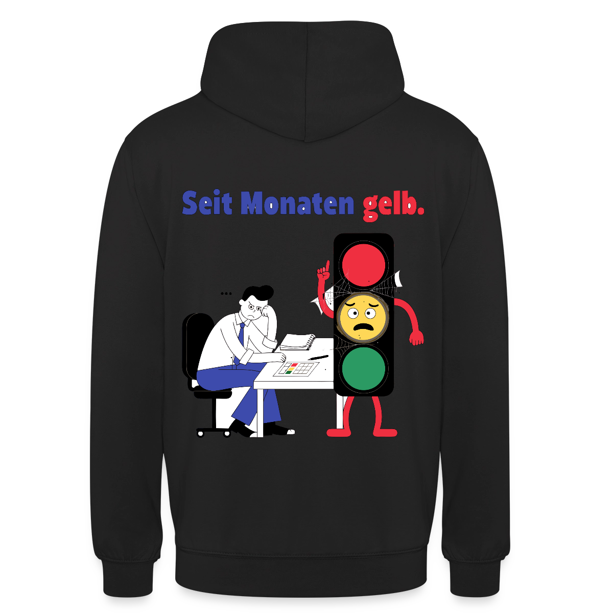 "Seit Monaten gelb. Ampel-Motiv" Motiv-Hoodie unisex, Farbe Schwarz
