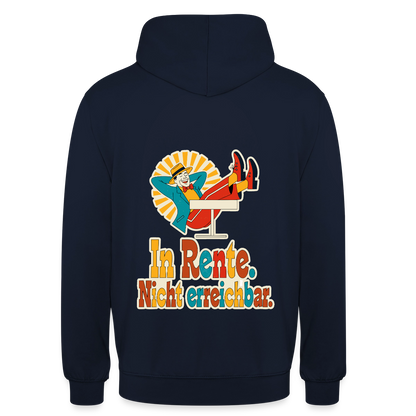 "In Rente. Nicht erreichbar. Midcentury-Motiv" Motiv-Hoodie unisex, Farbe Navy