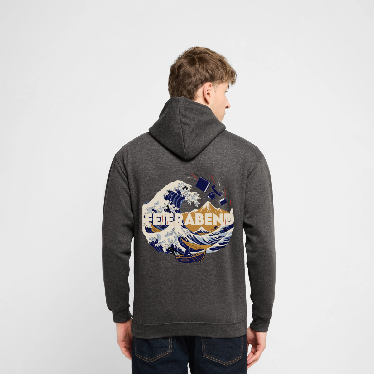 "Feierabend. Ukiyo-e-Motiv" Motiv-Hoodie unisex, Farbe Anthrazit, Model