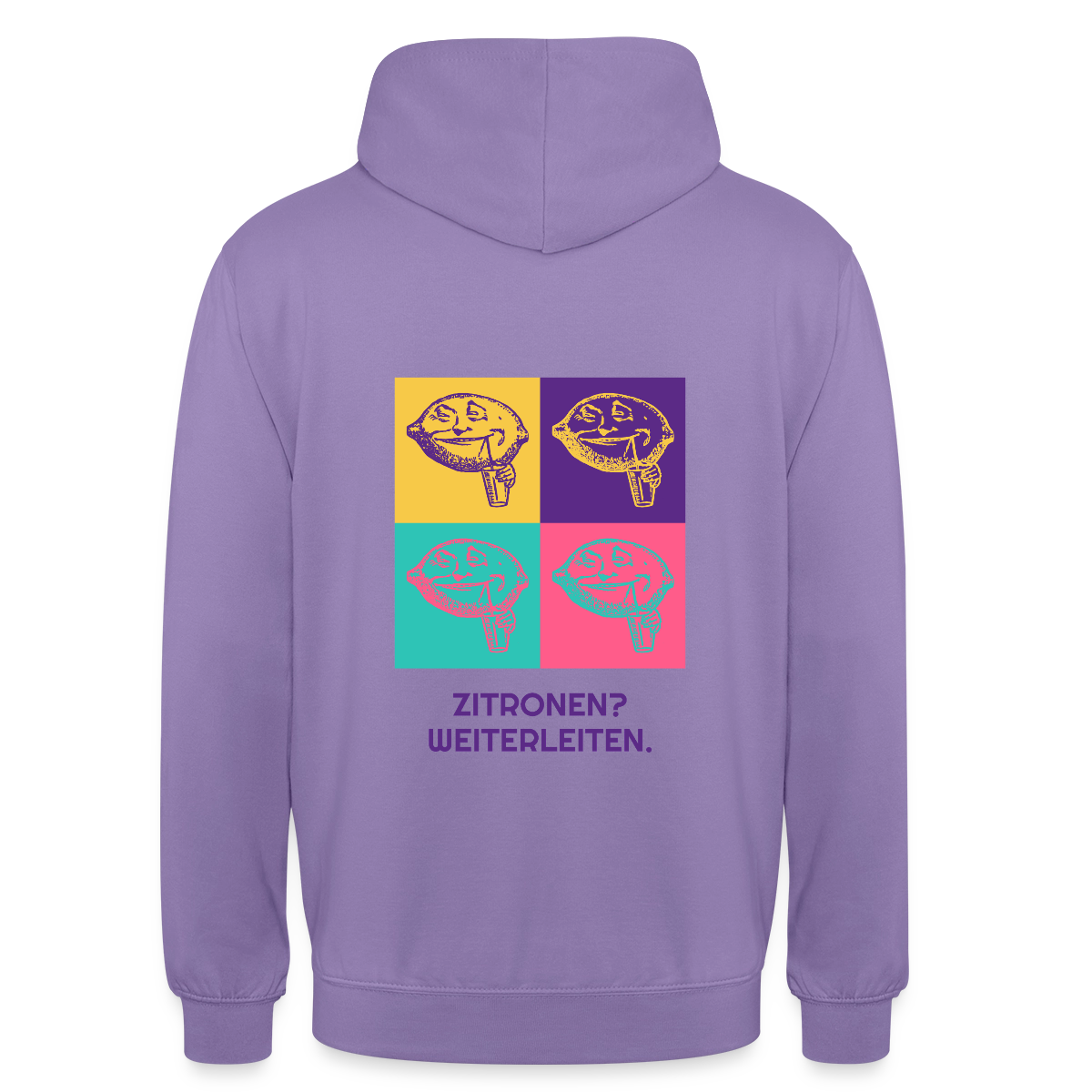 Zitronen? Weiterleiten. Pop-Art-Motiv Motiv-Hoodie unisex, Farbe Lavendel
