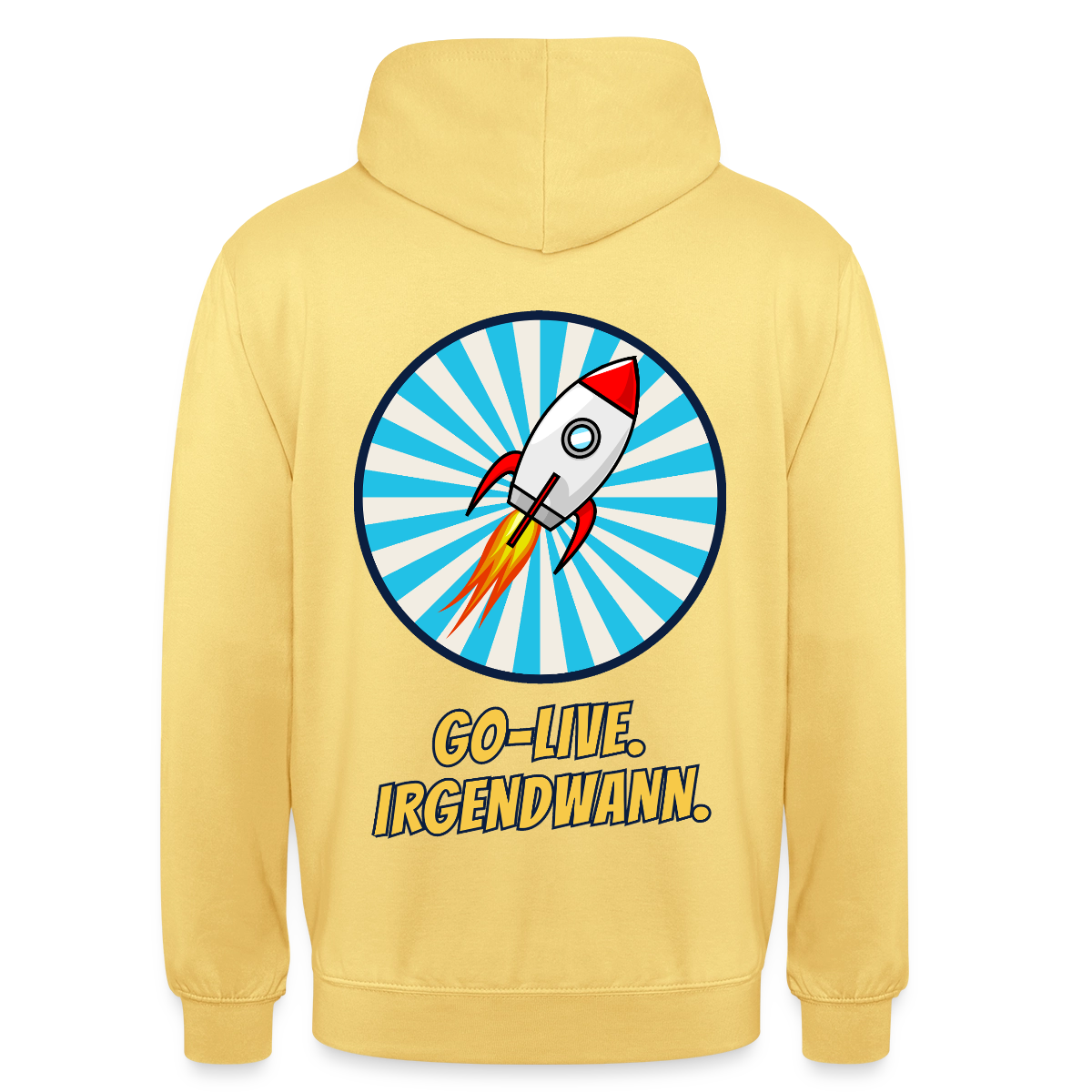 Go-Live. Irgendwann. Comic-Motiv Motiv-Hoodie unisex, Farbe Zitronengelb