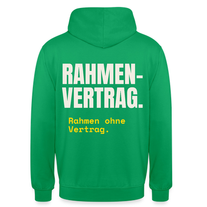 "Rahmenvertrag. Rahmen ohne Vertrag." Motiv-Hoodie unisex, Farbe Kelly Green