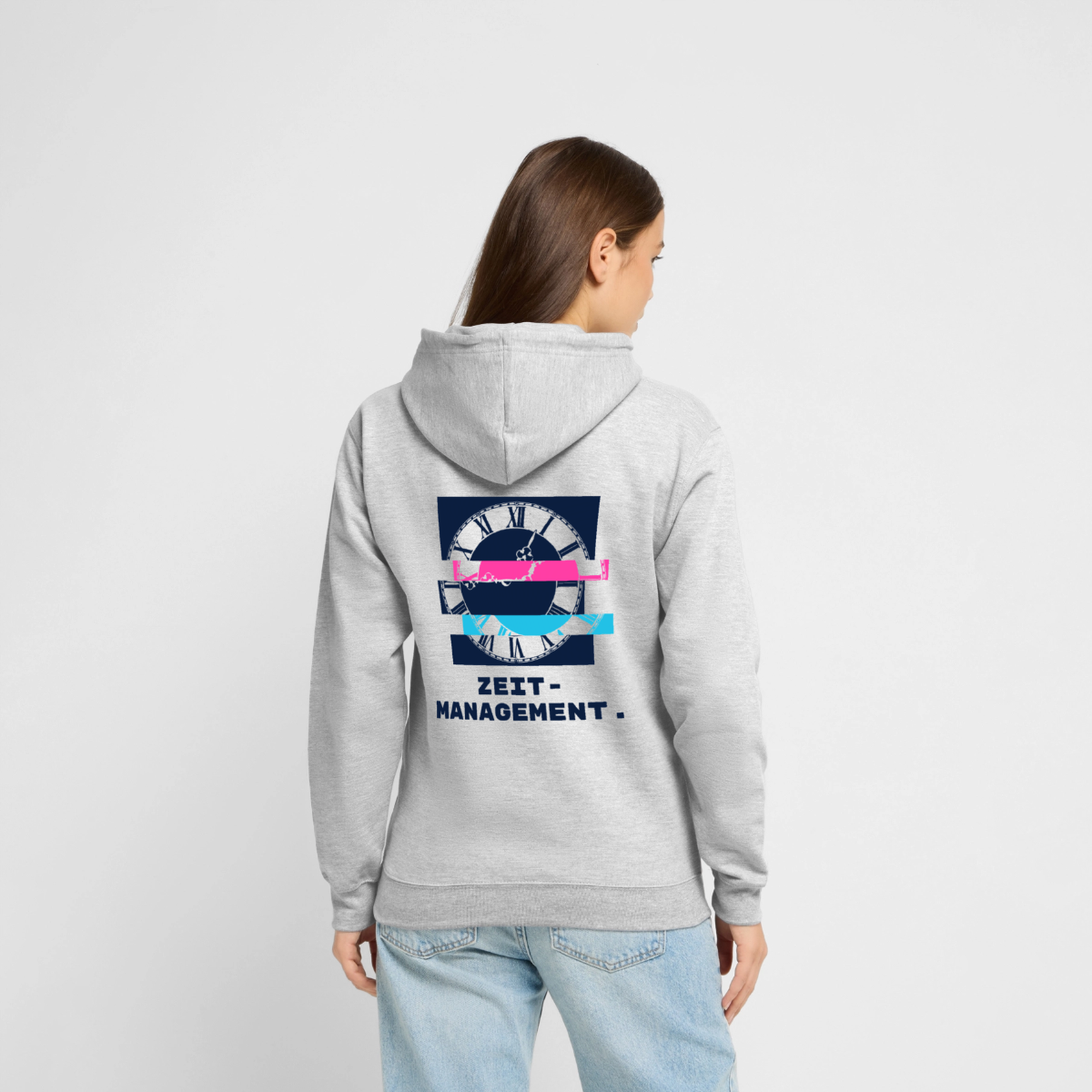 Zeitmanagement. Glitch-Motiv Motiv-Hoodie unisex, Farbe Hellgrau meliert, Model