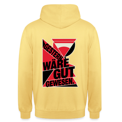 "Gestern wäre gut gewesen. Konstruktivismus-Motiv" Motiv-Hoodie unisex, Farbe Zitronengelb