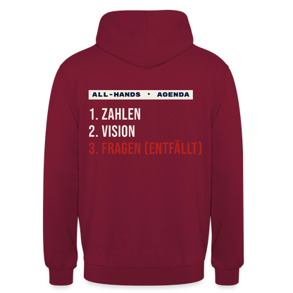 All-Hands-Agenda: 1 Zahlen, 2 Vision, 3 Fragen (entfällt) Motiv-Hoodie unisex, Farbe Bordeaux