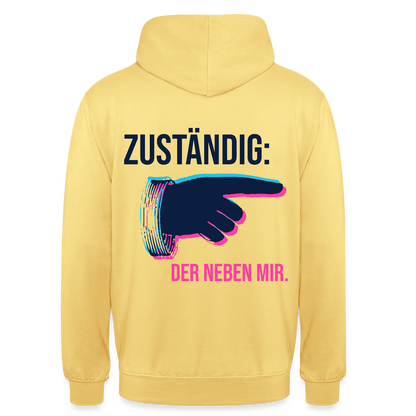 "Zuständig: der neben mir. Glitch-Motiv" Motiv-Hoodie unisex, Farbe Zitronengelb