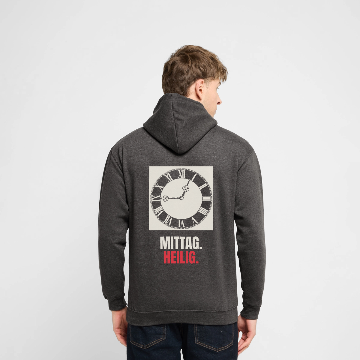 Mittag. Heilig. Motiv-Hoodie unisex, Farbe Anthrazit, Model