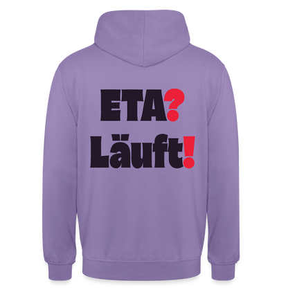 "ETA? Läuft! Typo-Motiv" Motiv-Hoodie unisex, Farbe Lavendel
