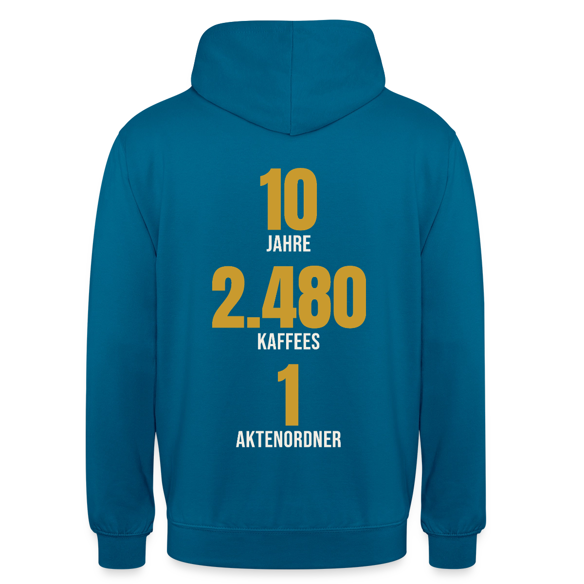 "10 Jahre, 2.480 Kaffees, 1 Aktenordner" Motiv-Hoodie unisex, Farbe Tiefseeblau