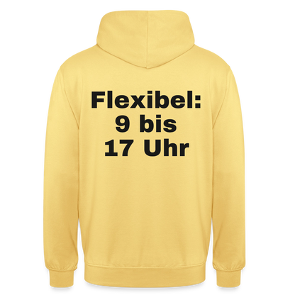 "Flexibel: 9 bis 17 Uhr" Motiv-Hoodie unisex, Farbe Zitronengelb