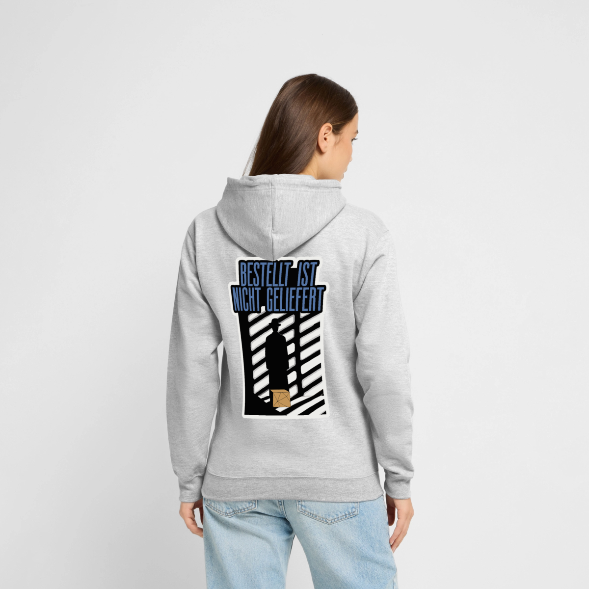 Bestellt ist nicht geliefert. Film-noir-Motiv Motiv-Hoodie unisex, Farbe Hellgrau meliert, Model