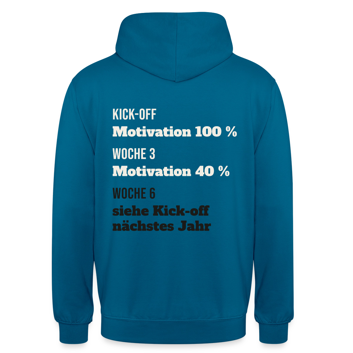 "Kick-off: Motivation 100 %. Woche 3: 40 %. Woche 6: siehe Kick-off nächstes Jahr" Motiv-Hoodie unisex, Farbe Tiefseeblau