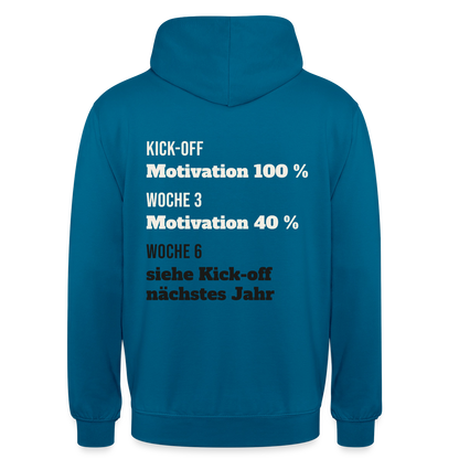"Kick-off: Motivation 100 %. Woche 3: 40 %. Woche 6: siehe Kick-off nächstes Jahr" Motiv-Hoodie unisex, Farbe Tiefseeblau