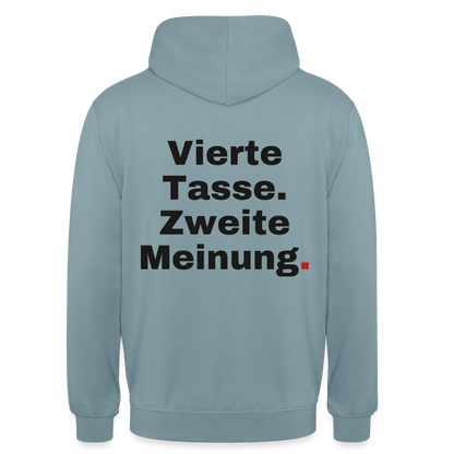 "Vierte Tasse. Zweite Meinung." Motiv-Hoodie unisex, Farbe Nebelblau