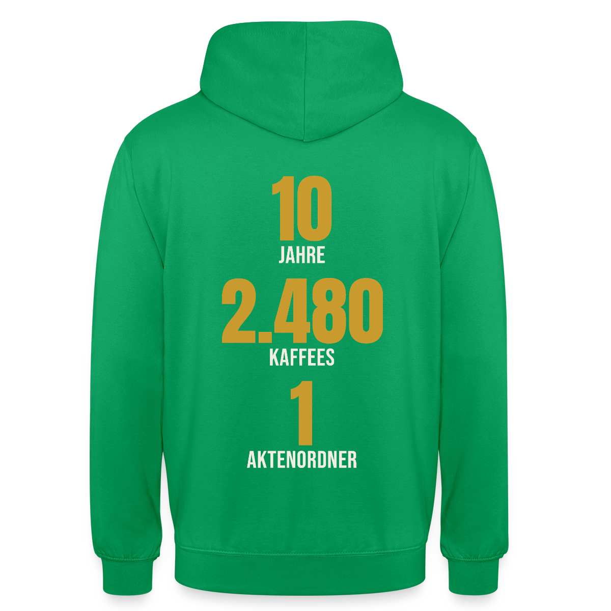 "10 Jahre, 2.480 Kaffees, 1 Aktenordner" Motiv-Hoodie unisex, Farbe Kelly Green