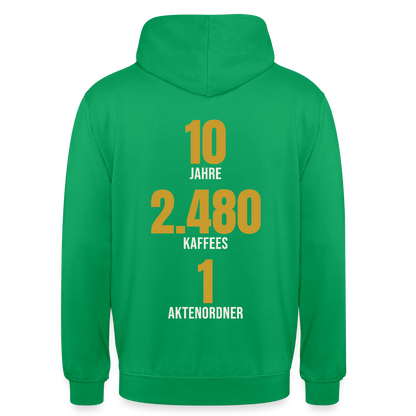 "10 Jahre, 2.480 Kaffees, 1 Aktenordner" Motiv-Hoodie unisex, Farbe Kelly Green