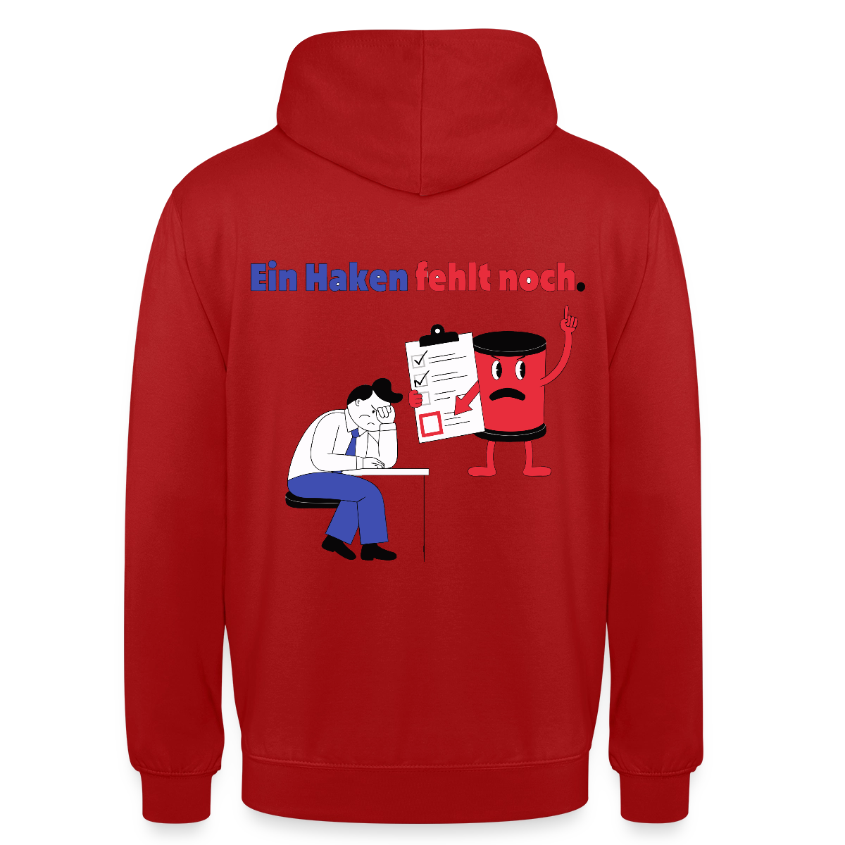 "Ein Haken fehlt noch. Comic-Motiv" Motiv-Hoodie unisex, Farbe Rot