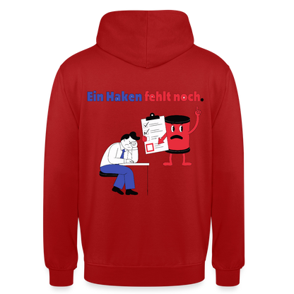 "Ein Haken fehlt noch. Comic-Motiv" Motiv-Hoodie unisex, Farbe Rot