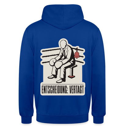 "Entscheidung: vertagt. Boxplakat-Motiv" Motiv-Hoodie unisex, Farbe Royalblau