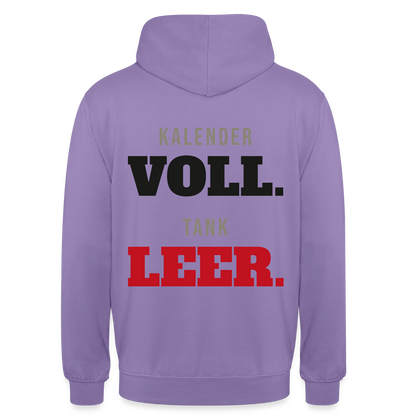 "Kalender voll. Tank leer." Motiv-Hoodie unisex, Farbe Lavendel