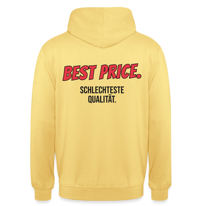 "Best Price. Schlechteste Qualität." Motiv-Hoodie unisex, Farbe Zitronengelb